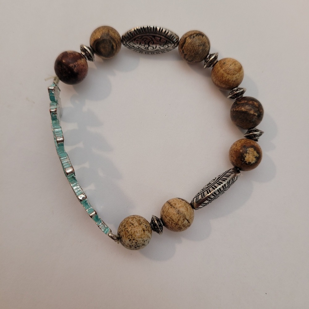 Vintage Beaded Bracelet Womens Picture Jasper Leaf Patina Silver Tone Stretch - Picture 4 of 5